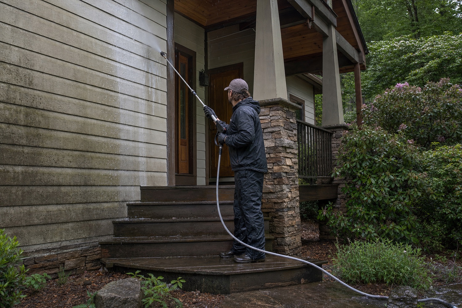 Exterior house washing near the porch of an Asheville home